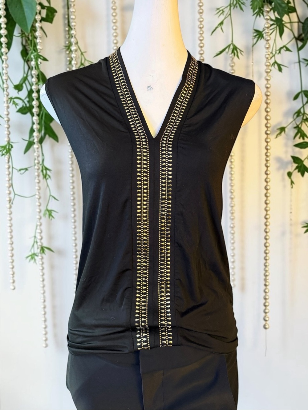 RACHEL Rachel Roy Black V-Neck Tank with Gold Stud Trim